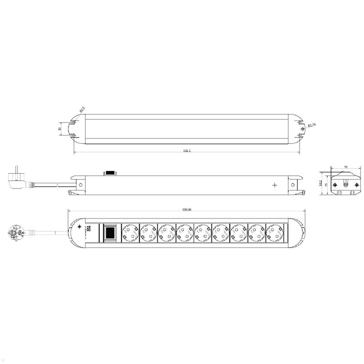 Bachmann PRIMO 9x Steckdosenleiste 1x Schalter 2m Zuleitung (330.072) technische Zeichnung Bachmann PRIMO 9x Steckdosenleiste 1x Schalter 2m Zuleitung (330.072) technische Zeichnung