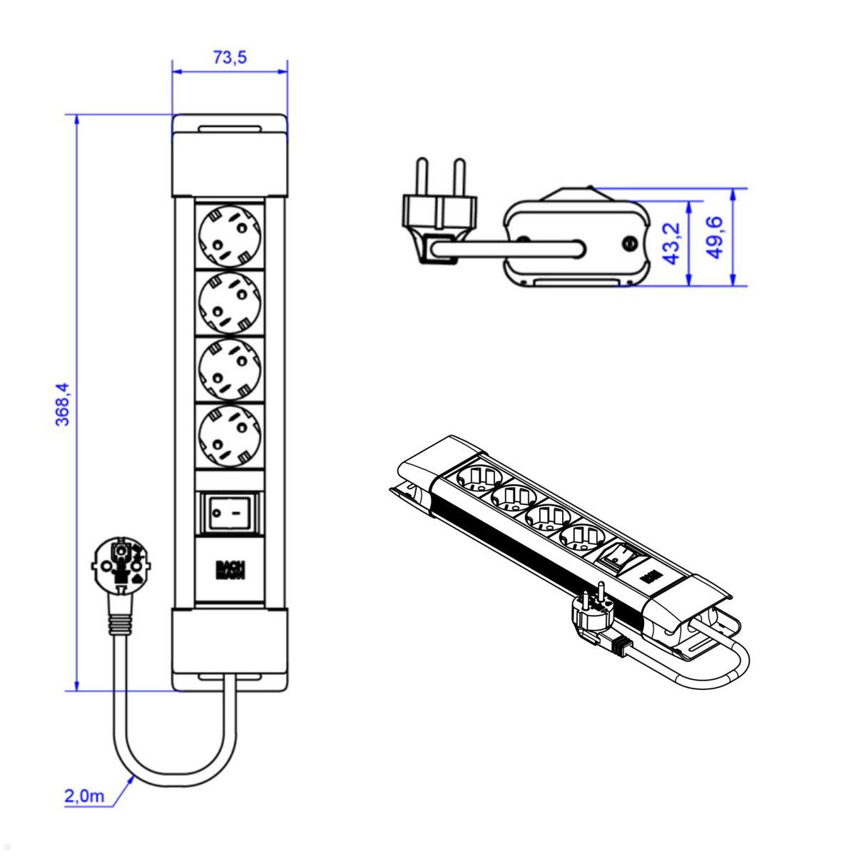Bachmann CONNECTUS 4x Steckdose, 1x Schalter, 2m Zuleitung (BM005906), Maße