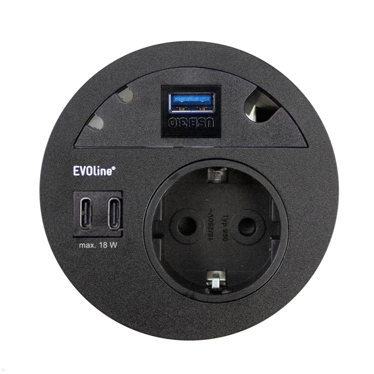 EVOline Circle80 Einbausteckdose mit USB-Charger C/C mit USB 3.0, schwarz EVOline Circle80 Einbausteckdose mit USB-Charger C/C mit USB 3.0, schwarz