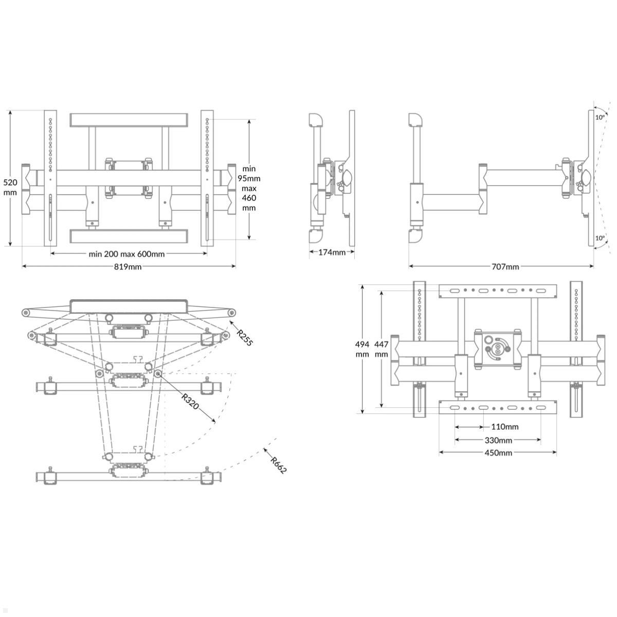 Edbak RMSA2 schwenkbare TV Wandhalterung bis 120kg, Pivot, VESA max. 800x600, Maße RMSA1