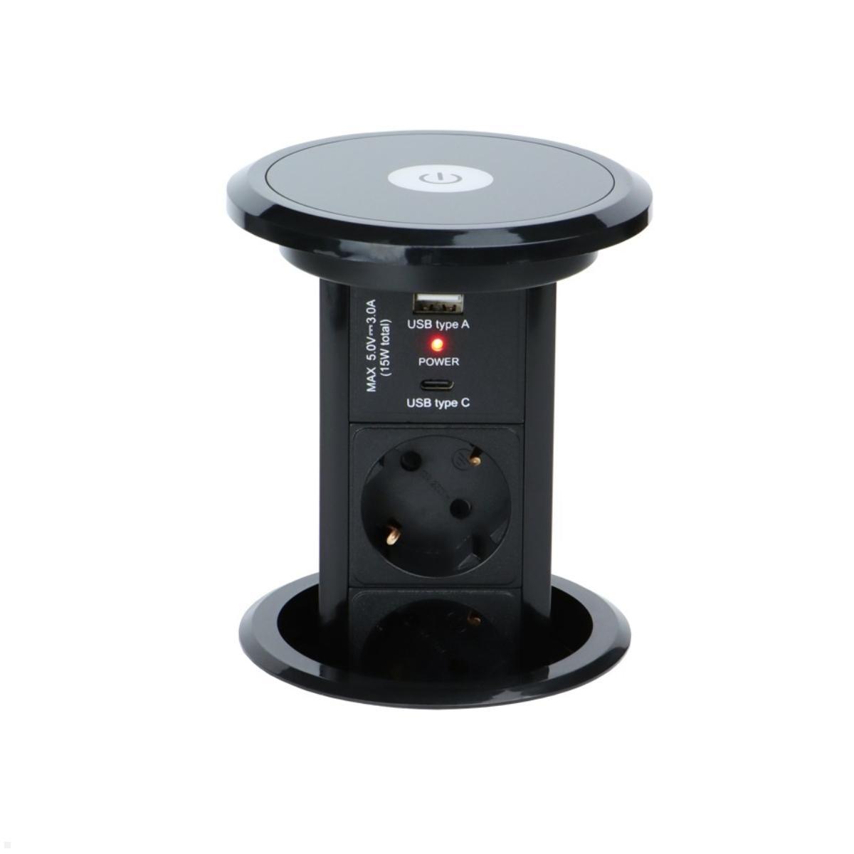 TecLines TVS007B versenkbare 3-fach Steckdosenleiste mit USB-Charger A/C, schwarz ausfahrbar TecLines TVS007B versenkbare 3-fach Steckdosenleiste mit USB-Charger A/C, schwarz ausfahrbar