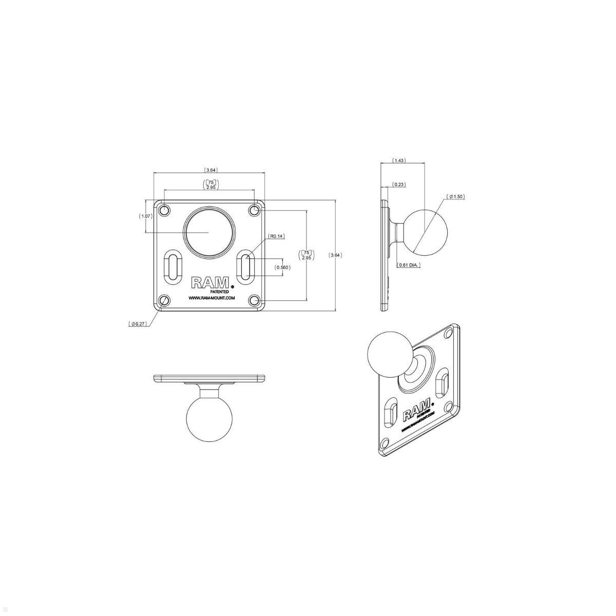 RAM Mounts VESA-Platte 75x75 mm C-Kugel 1,5 Zoll (RAM-2461U), Zeichnung Maße RAM Mounts VESA-Platte 75x75 mm C-Kugel 1,5 Zoll (RAM-2461U), Zeichnung Maße