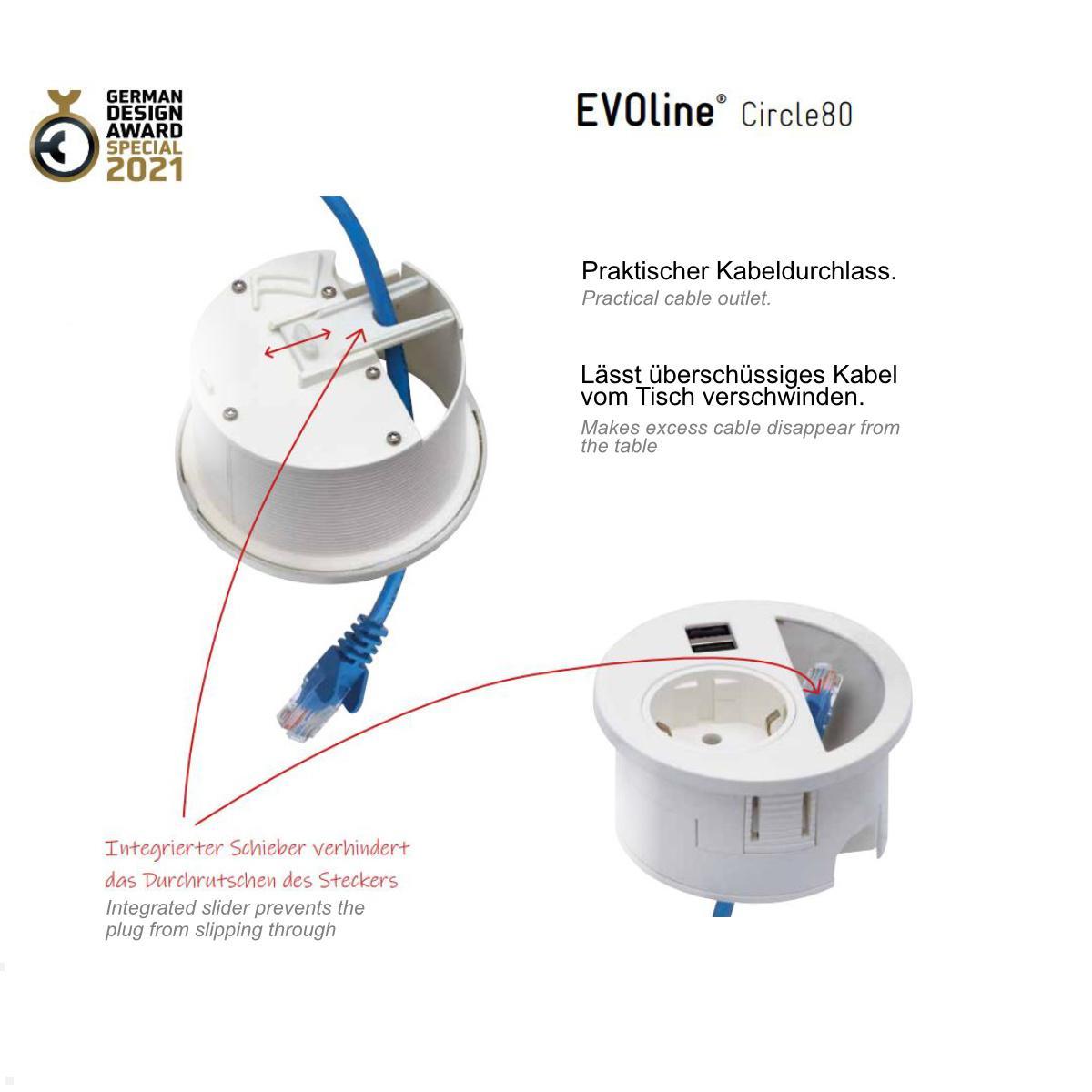 EVOline Circle80 Einbausteckdose mit USB-Charger C/C geschlossen, Details EVOline Circle80 Einbausteckdose mit USB-Charger C/C geschlossen, Details