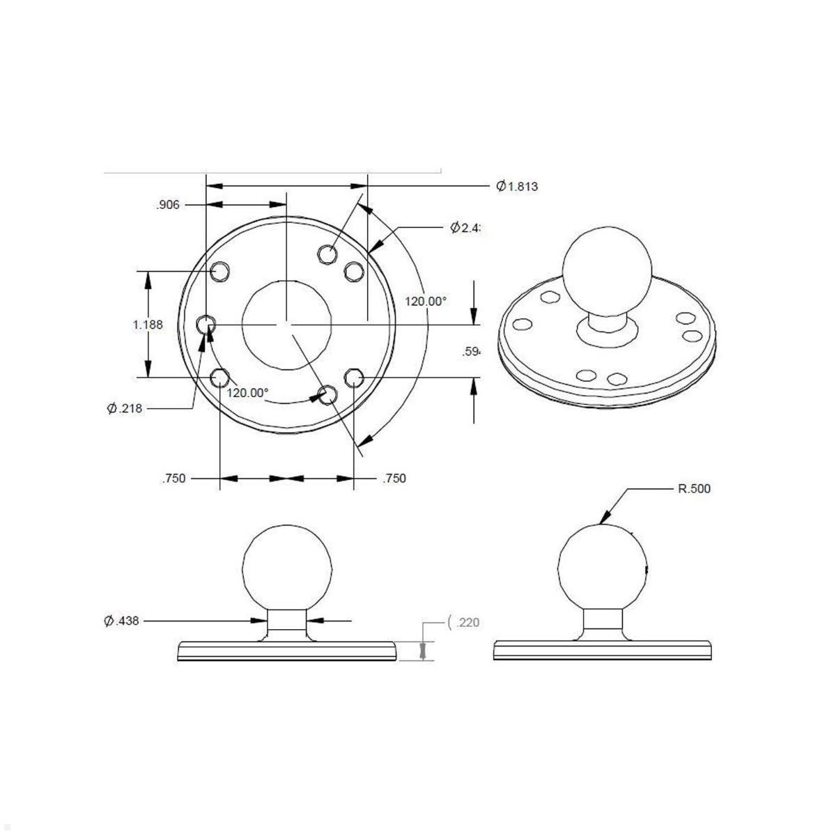 RAM Mounts Basisplatte rund mit B-Kugel 1 Zoll (RAM-B-202U), Zeichnung Maße RAM Mounts Basisplatte rund mit B-Kugel 1 Zoll (RAM-B-202U), Zeichnung Maße