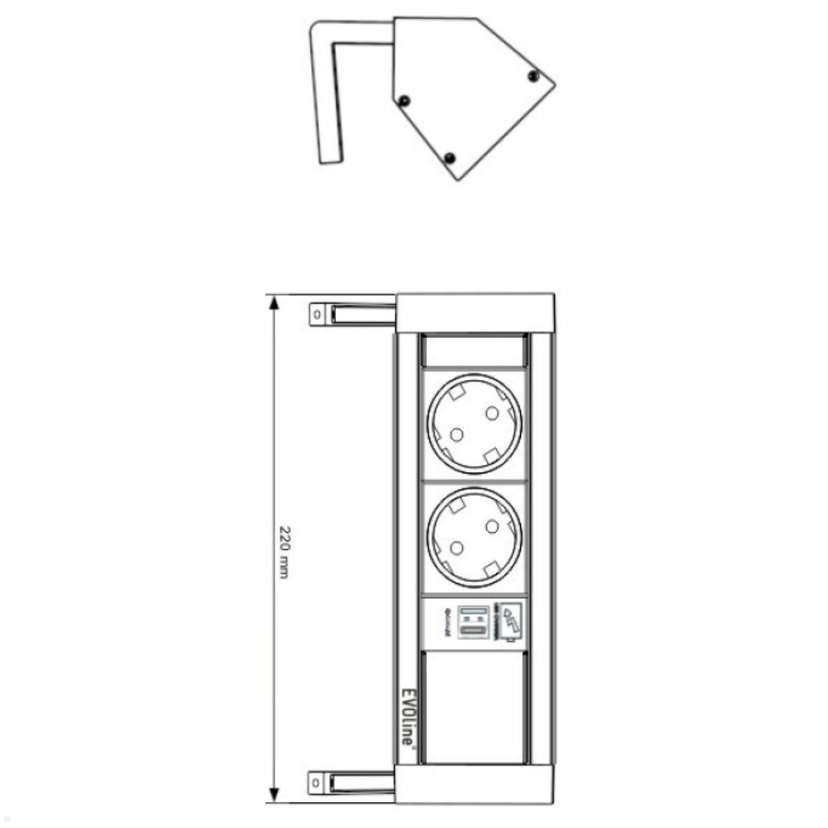 EVOline DockSquare 2-fach Steckdose USB-A/C, Leermodul und Befestigungszwinge, Skizze EVOline DockSquare 2-fach Steckdose USB-A/C, Leermodul und Befestigungszwinge, Skizze