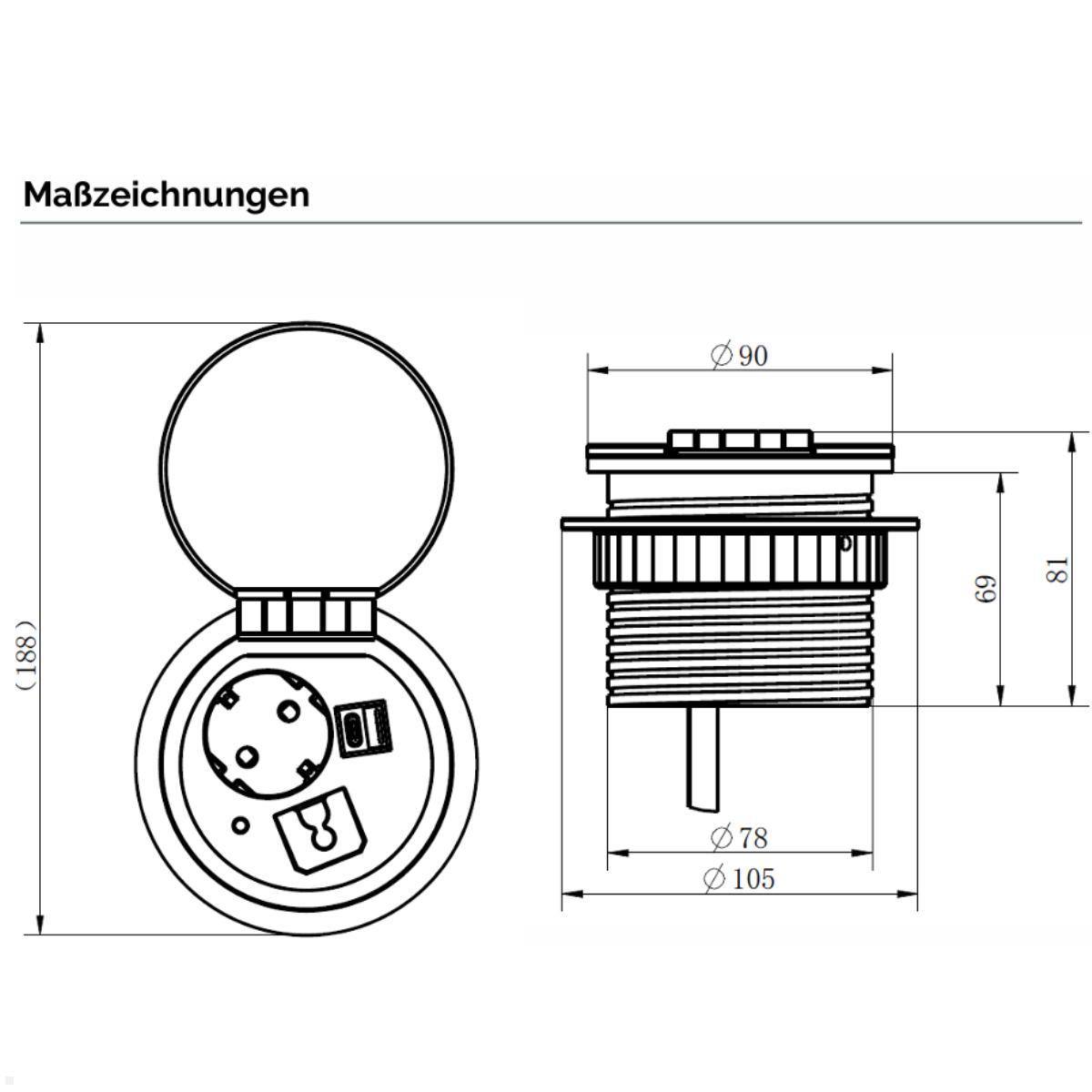 Fellowes Qi Power-Spot Einbausteckdose mit USB A/C Charger, Qi-Ladefunktion (100091395), schwarz, Maße