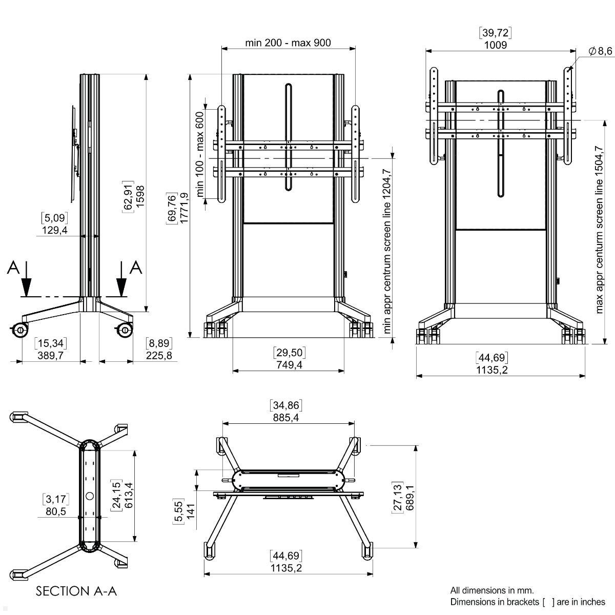 SMS EVER620 mobiler TV Ständer 98 Zoll, Filz Cover grau (16-010-9S), technische Zeichnung SMS EVER620 mobiler TV Ständer 98 Zoll, Filz Cover grau (16-010-9S), technische Zeichnung