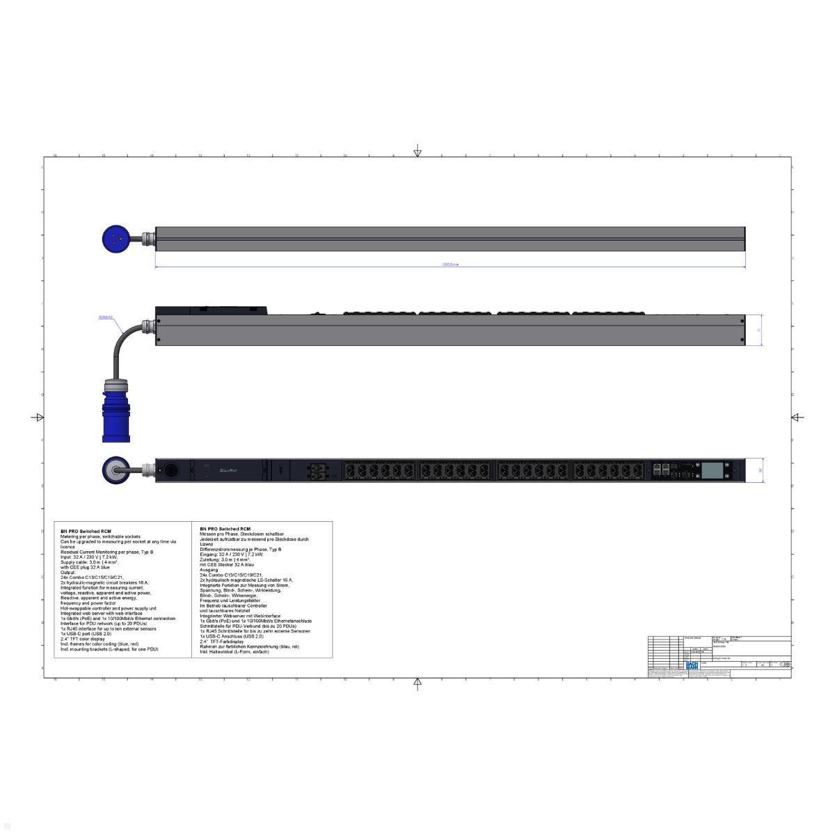 Bachmann BN PRO S Switched RCM - 32A Rack PDU mit 24xCombo 2xMCB, 3,0m CEE 32A/3p (BM0024780), PDU 32A CEE 3-polig