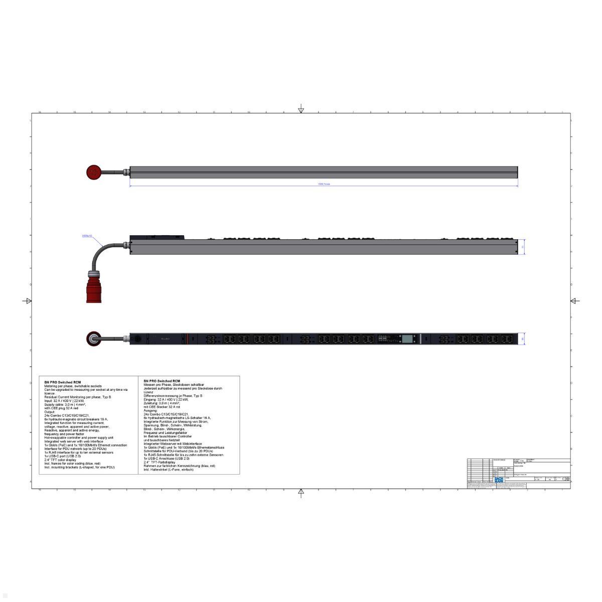 Bachmann BN PRO S Switched RCM - 32A Rack PDU mit 24xCombo 6xMCB, 3,0m CEE 32A/5p (BM0024786), PDU 32A CEE 5-polig