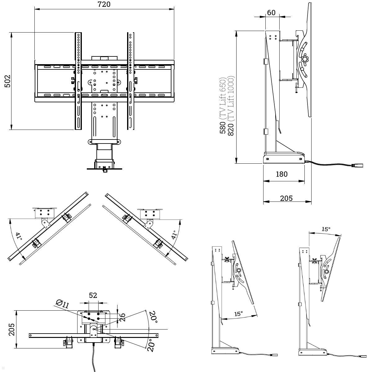 MonLines MLS040B Einbau TV Lift bis 80 kg, 860-1860 mm Hub, schwarz, Zeichnung