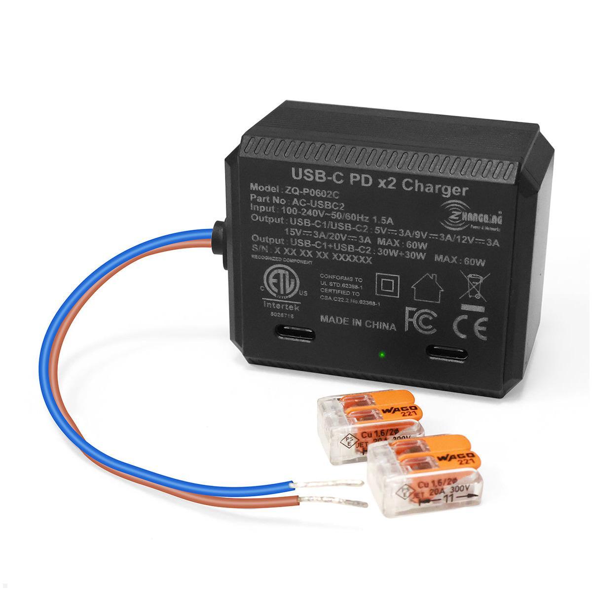 TecLines TNT006 Wandeinbau dual USB-C Tablet Unterputz Netzteil 60W Leistung, wagoklemmen