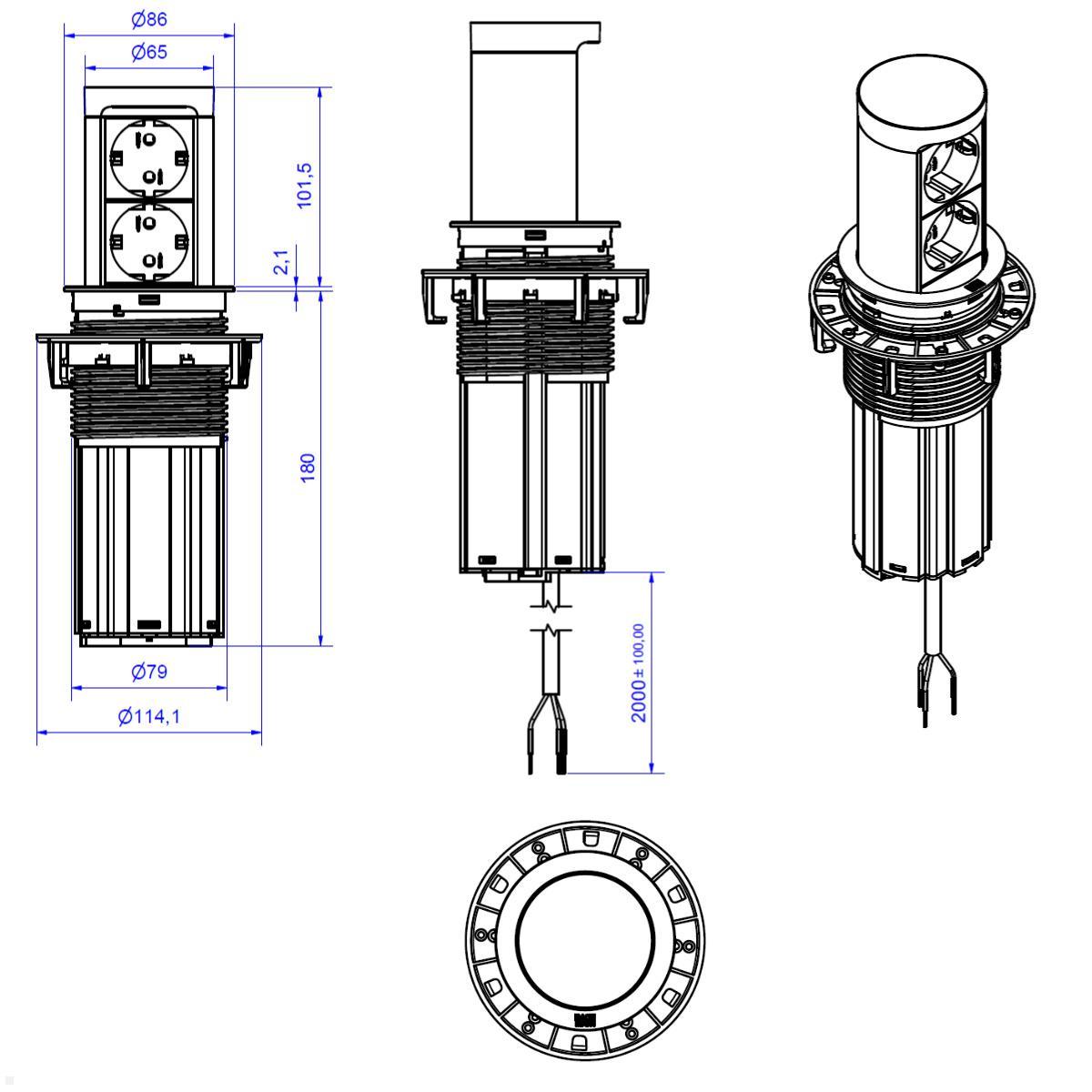 Bachmann ELEVATOR 2 versenkbare Steckdose 3-fach – Anschlussleitung AEH