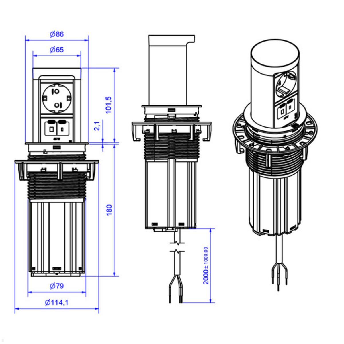 Bachmann ELEVATOR 2 Einbausteckdose 3-fach USB-C – Montage in Arbeitsplatte