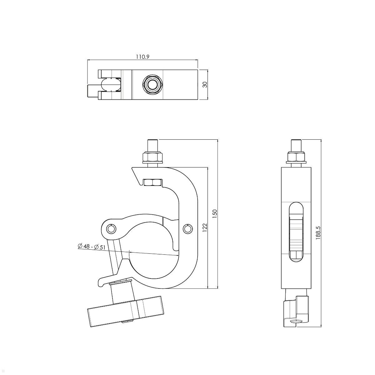 SmartMetals Beamerhalterung mit Klemme für Rohrbefestigung / Traverse, 130mm technische Zeichnung Klemme SmartMetals Beamerhalterung mit Klemme für Rohrbefestigung / Traverse, 130mm technische Zeichnung Klemme