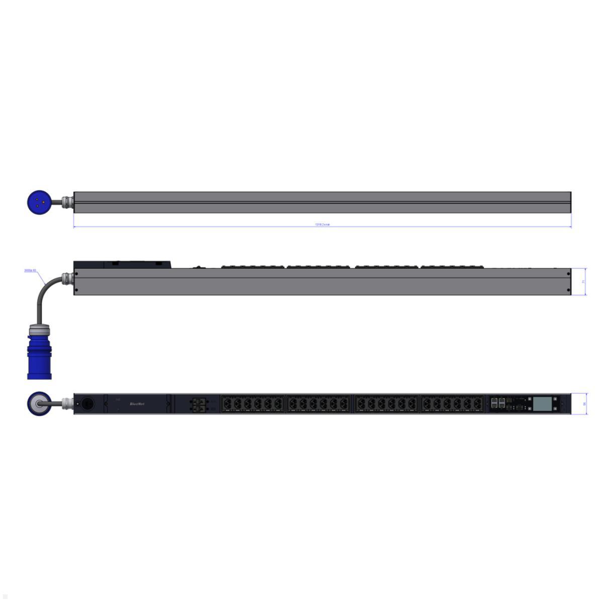 Bachmann BN PRO M+ Metered – 32A Rack PDU mit 24xCombo 2xMCB, 3,0m CEE 32A/3p (BM0024755), Hot-Swap Controller