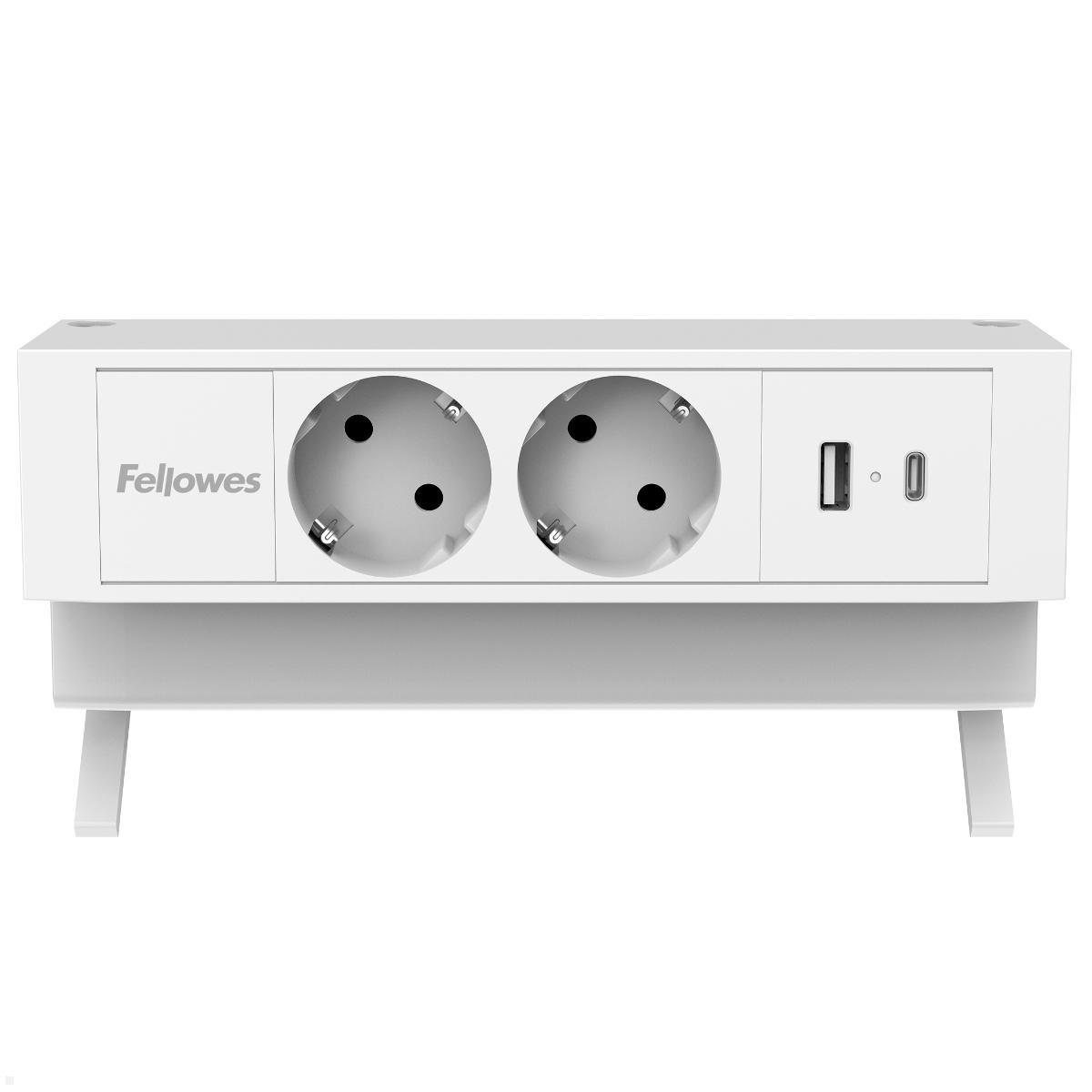 Fellowes Power Desk Up 2.0 Tischsteckdose mit 2x Steckdose, 1x USB-A/C Charger, frontale Ansicht