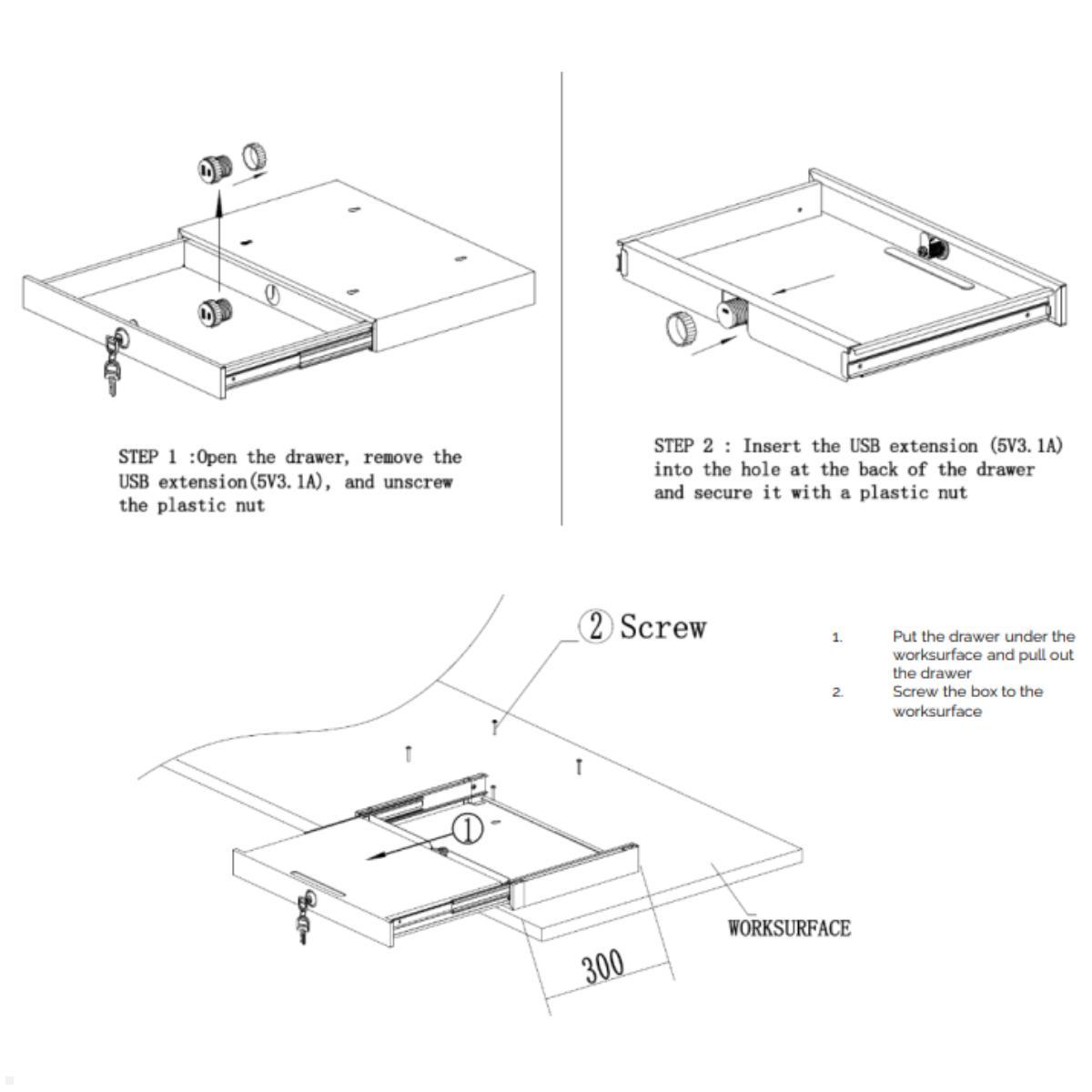 Fellowes Drawer Unterbau Schublade mit USB A/C, Abmessungen