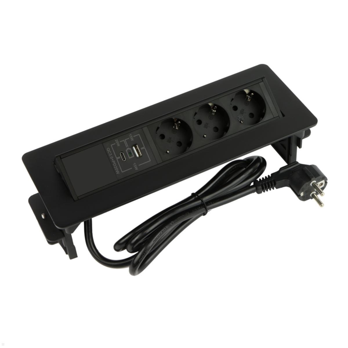 TecLines TES021B 3-fach Einbausteckdose mit USB A+C, schwarz, USB A und C Ladeanschlüsse