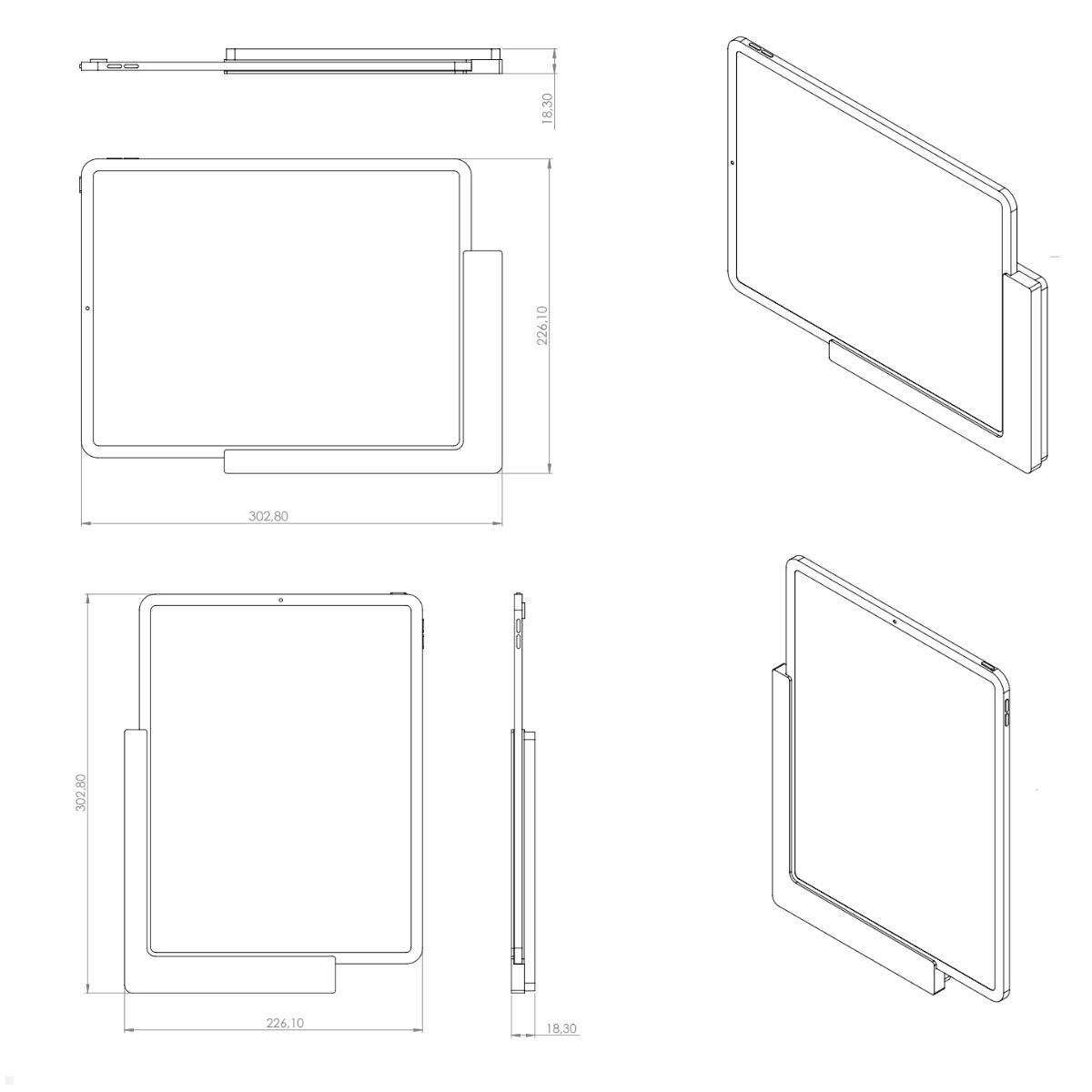TabLines TWP011W Wandhalterung für iPad Pro 12.9 (5.Gen.) 2021, weiß, Zeichnung Maße TabLines TWP011W Wandhalterung für iPad Pro 12.9 (5.Gen.) 2021, weiß, Zeichnung Maße