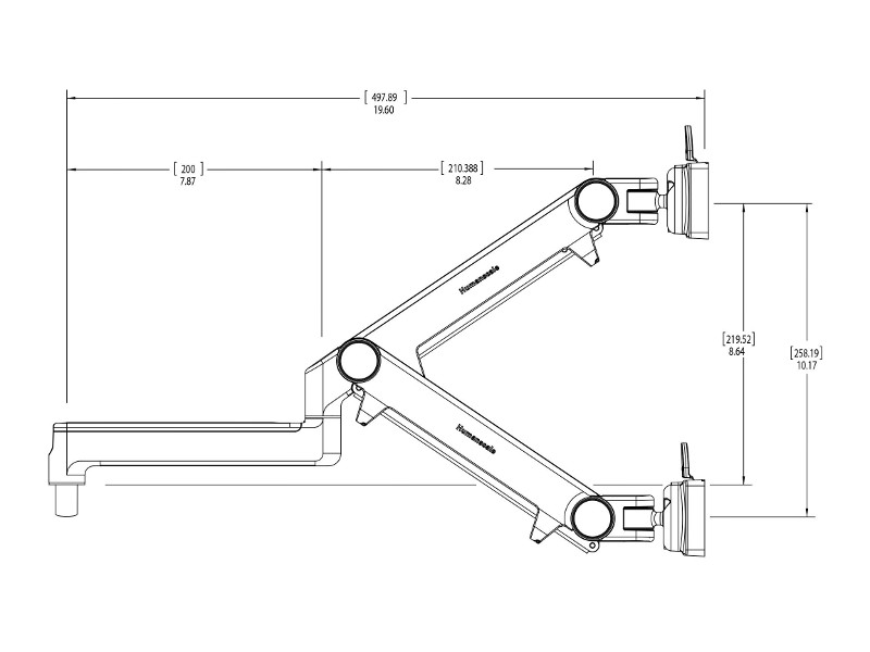 Humanscale M2 schwenkbare Monitor Wandhalterung M2HB2S Zeichnung