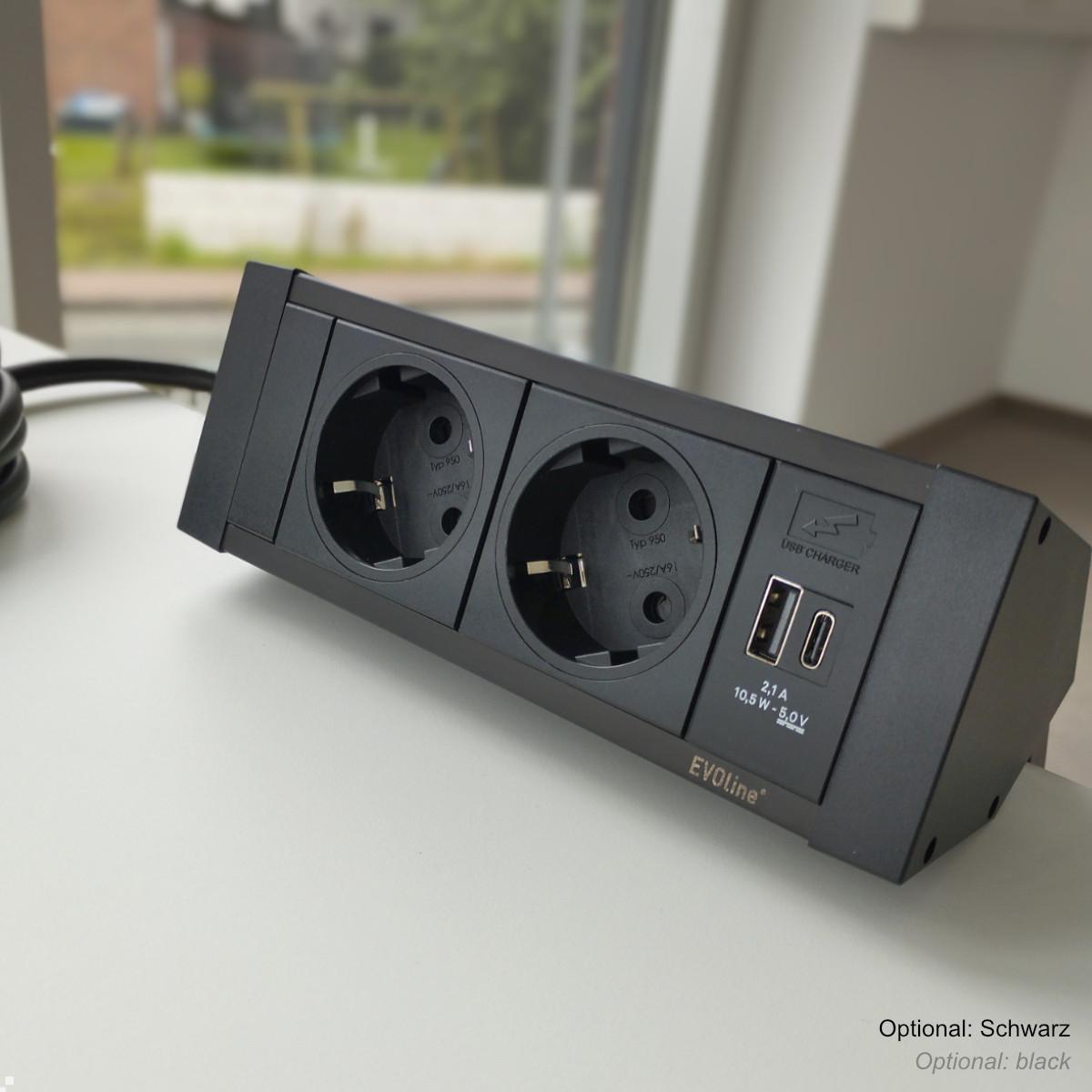 EVOline DockSquare 2-fach Steckdose 1x USB-A/C mit Befestigungszwingen, optional in Schwarz erhältlich EVOline DockSquare 2-fach Steckdose 1x USB-A/C mit Befestigungszwingen, optional in Schwarz erhältlich