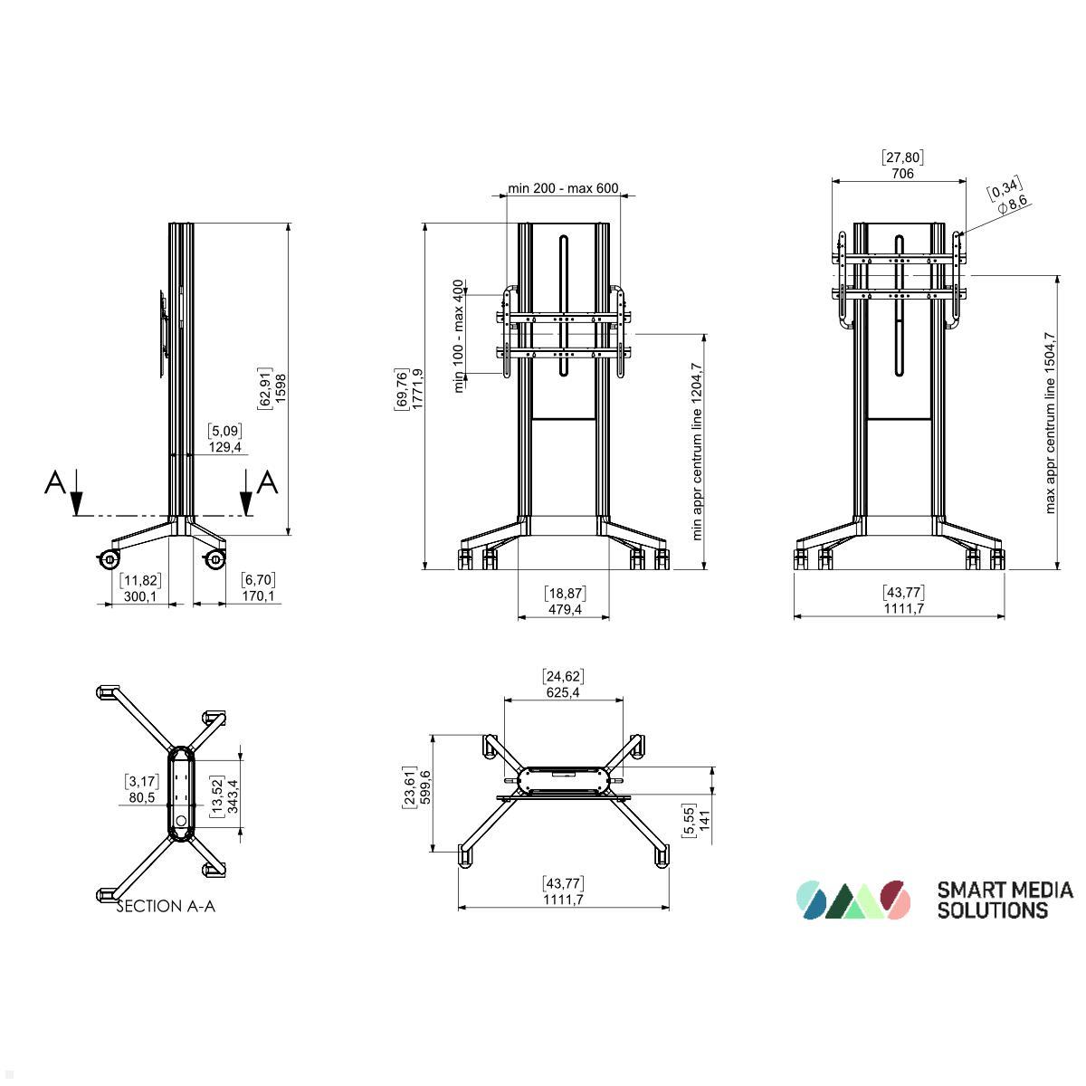 SMS EVER350 mobiler TV Ständer 86 Zoll, Filz Cover grau (16-004-9S), technische Zeichnung SMS EVER350 mobiler TV Ständer 86 Zoll, Filz Cover grau (16-004-9S), technische Zeichnung