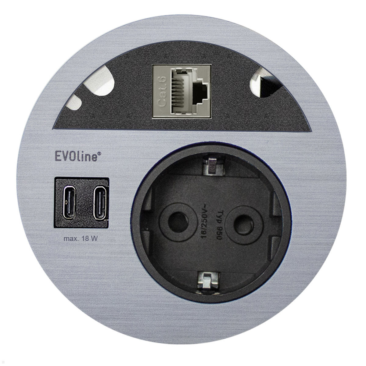 EVOline Circle80 Einbausteckdose mit USB-Charger C/C mit CAT6a, Edelstahl-Optik