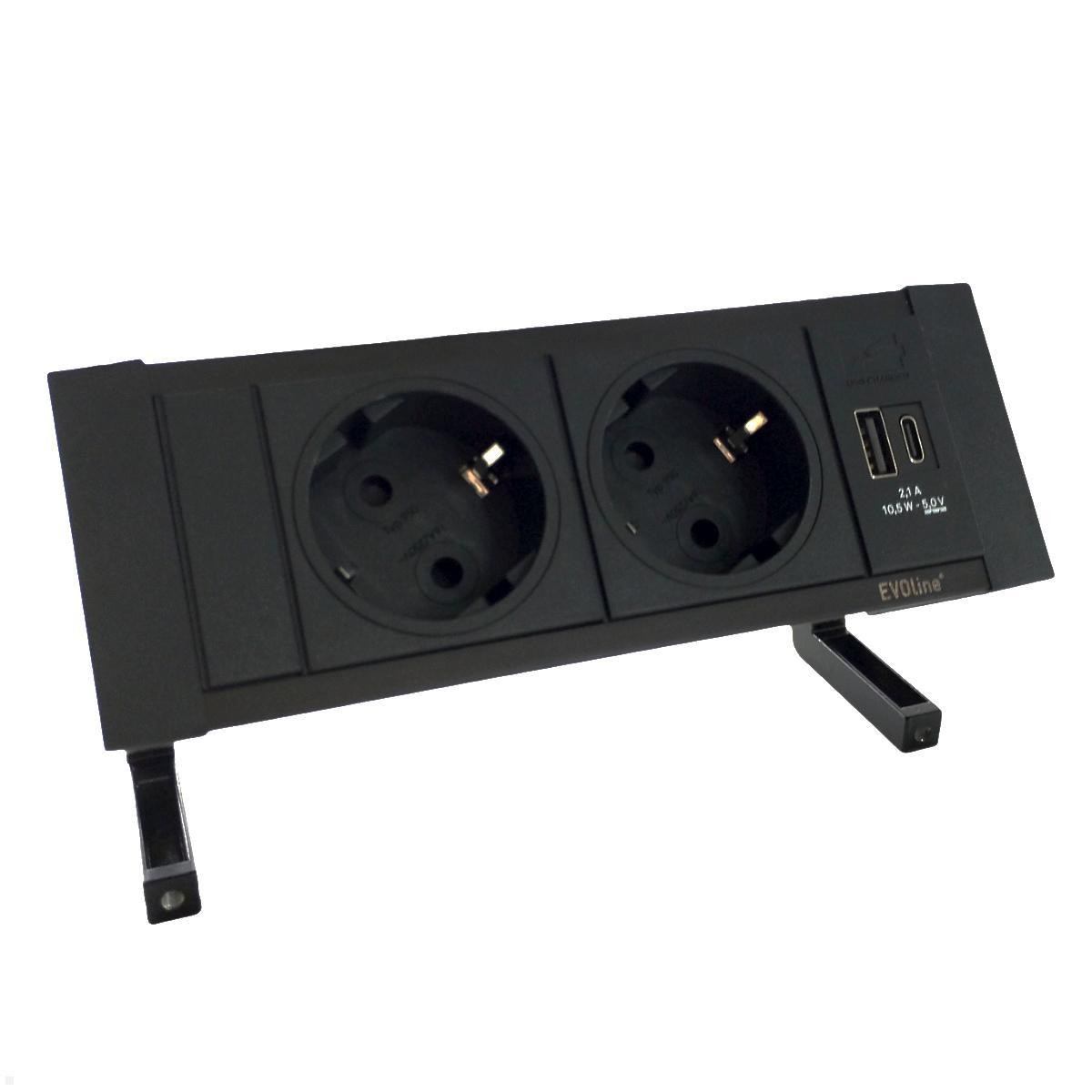 EVOline DockSquare 2-fach Steckdose 1x USB-A/C mit Befestigungszwingen, schwarz EVOline DockSquare 2-fach Steckdose 1x USB-A/C mit Befestigungszwingen, schwarz