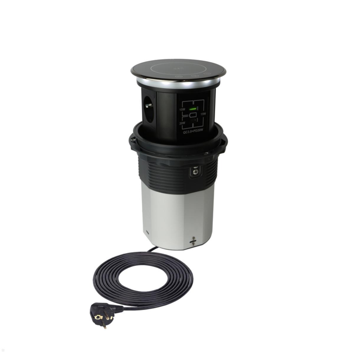 TecLines TVS012B versenkbare Steckdose mit USB A/C und Qi Charger