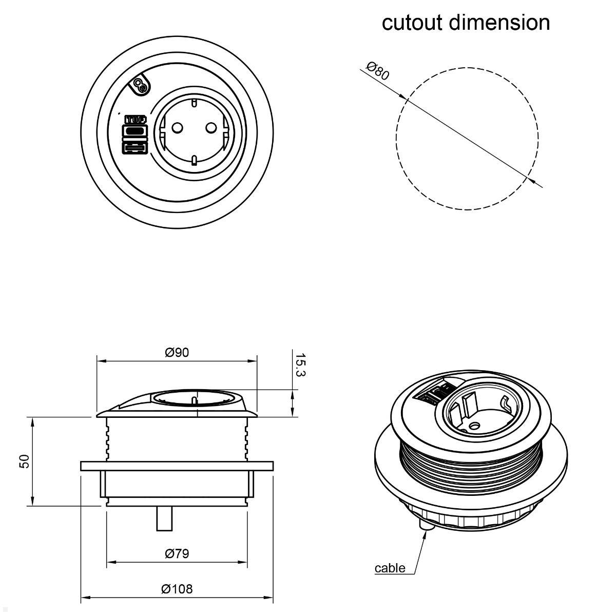 Dataflex Power PixelTUF Einbausteckdose 1x Steckdose, 1x USB-A, 1x USB-C (26.200), weiß Maße Dataflex Power PixelTUF Einbausteckdose 1x Steckdose, 1x USB-A, 1x USB-C (26.200), weiß Maße
