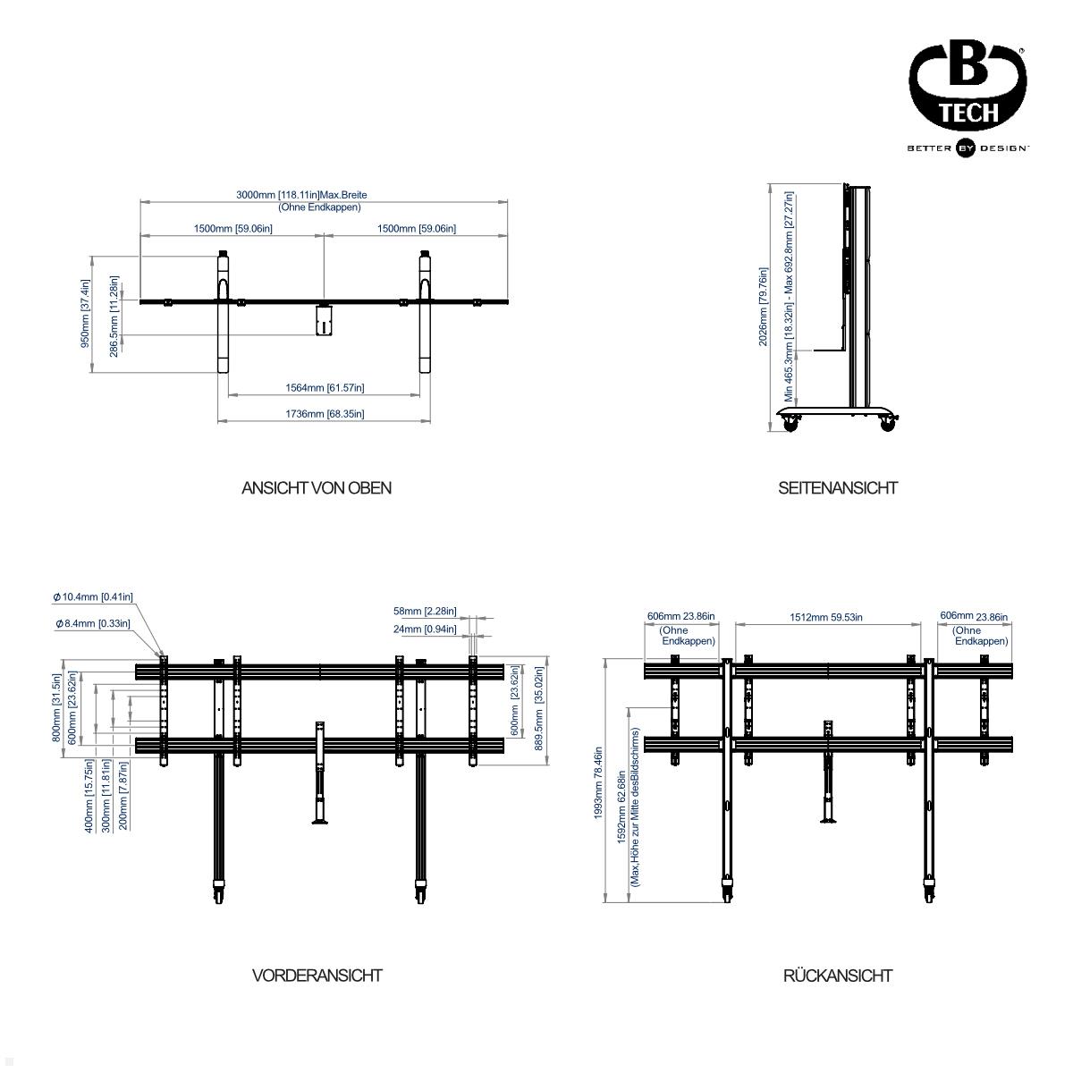 B-Tech BT8518/B mobiler Monitorständer für 2 Bildschirme 70 - 86 Zoll, schwarz technische Zeichnung B-Tech BT8518/B mobiler Monitorständer für 2 Bildschirme 70 - 86 Zoll, schwarz technische Zeichnung