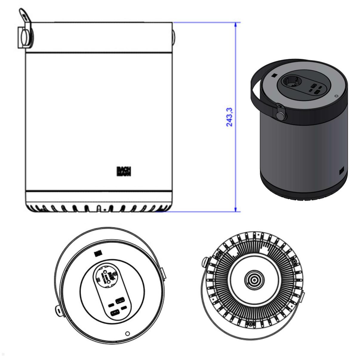 Bachmann MOV:E Steckdose USB Cahrger in Schwarz Zeichnung mit Maßen