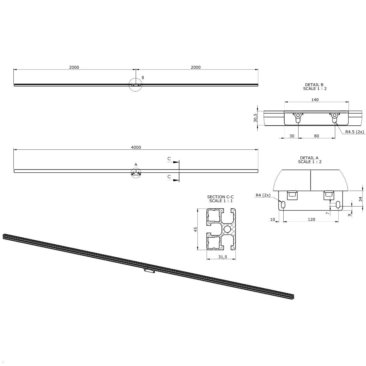 SMS Multi Display Wall Wandschiene 2 x 2m (PW010006), technische Zeichnung SMS Multi Display Wall Wandschiene 2 x 2m (PW010006), technische Zeichnung