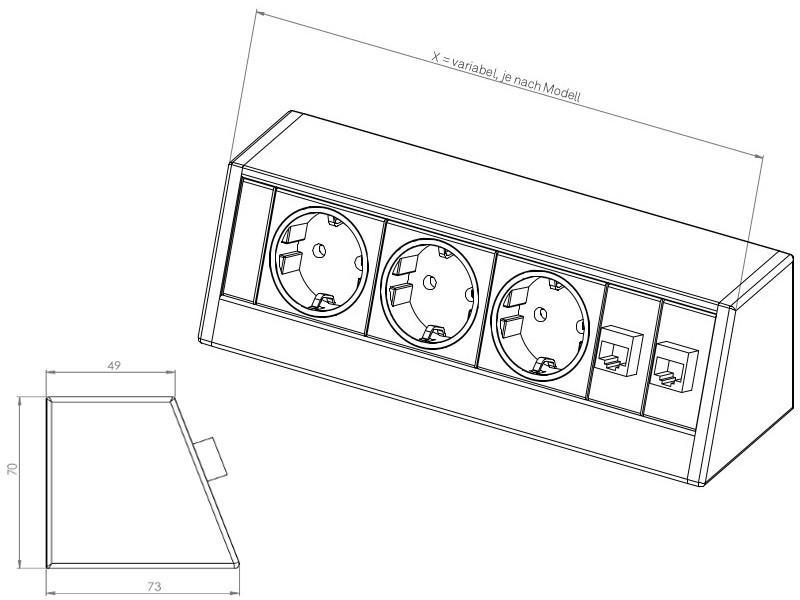 EVOline R-Dock Data Small 3-fach Steckdose, Skizze EVOline R-Dock Data Small 3-fach Steckdose, Skizze