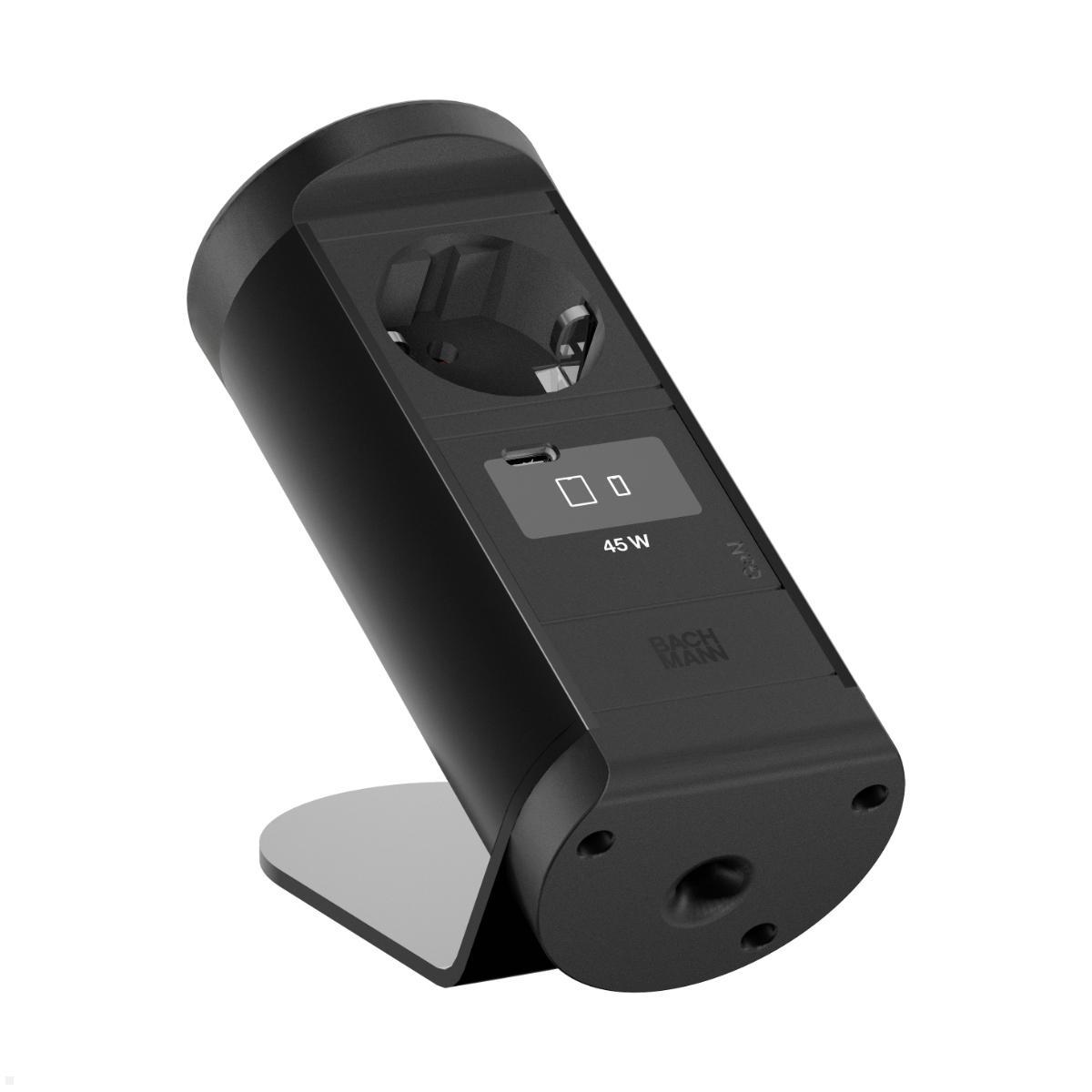 Bachmann NANO Tischsteckdose mit USB-C 45W, Qi2 Wireless Charger, 2 m, schwarz (BM0030779), Steckdose Home Office