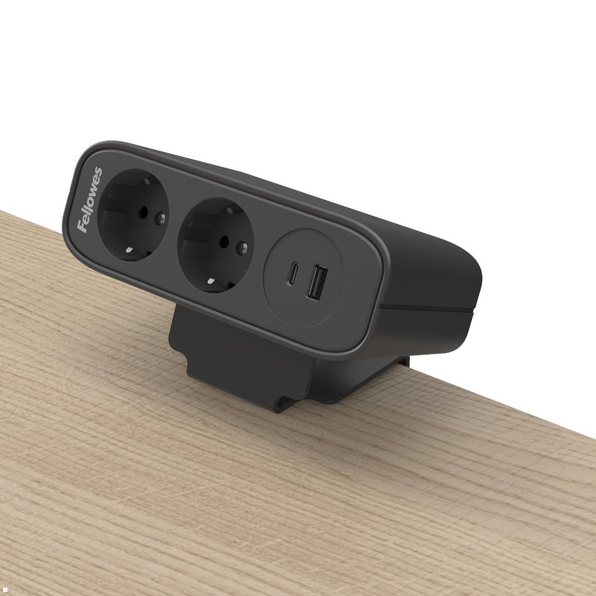 Fellowes Power Desk Up EP65 Tischsteckdose mit 2x Steckdose, 1x USB-A/C Charger, Anwendungsbeispiel