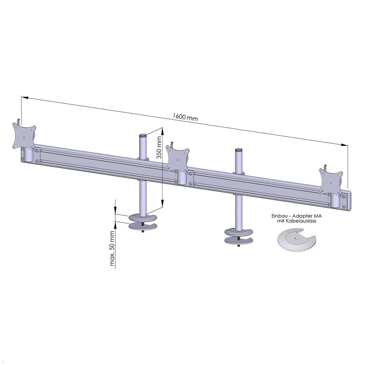 MonLines MTH209G Flat 3-fach Monitor Tischhalterung Einbau 25-32 Zoll, grau, Zeichnung Maße MonLines MTH209G Flat 3-fach Monitor Tischhalterung Einbau 25-32 Zoll, grau, Zeichnung Maße
