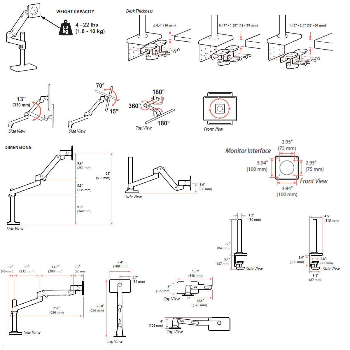 Ergotron LX Pro Monitor Tischhalterung mit hoher Säule, Maße