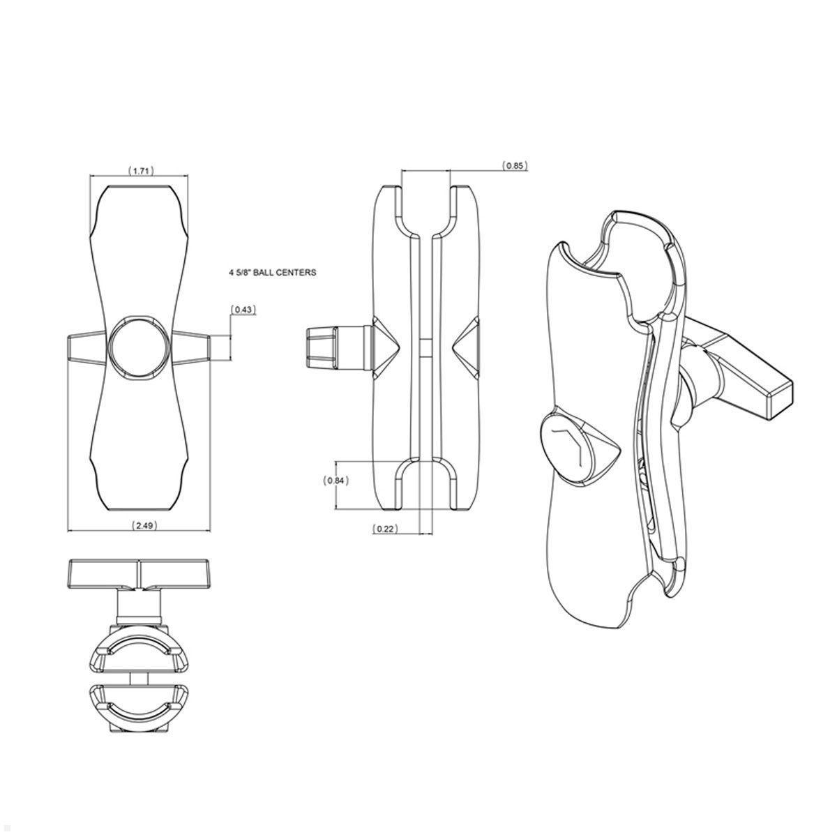 RAM Mounts Verbindungsarm mittel - ca. 140 mm, für C Kugeln (1,5 Zoll), Zeichnung Maße RAM Mounts Verbindungsarm mittel - ca. 140 mm, für C Kugeln (1,5 Zoll), Zeichnung Maße