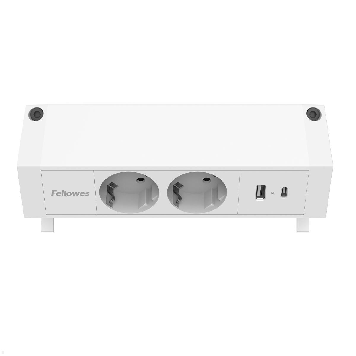 Fellowes Power Desk Up 2.0 Tischsteckdose mit 2x Steckdose, 1x USB-A/C Charger, Ansicht von schräg oben