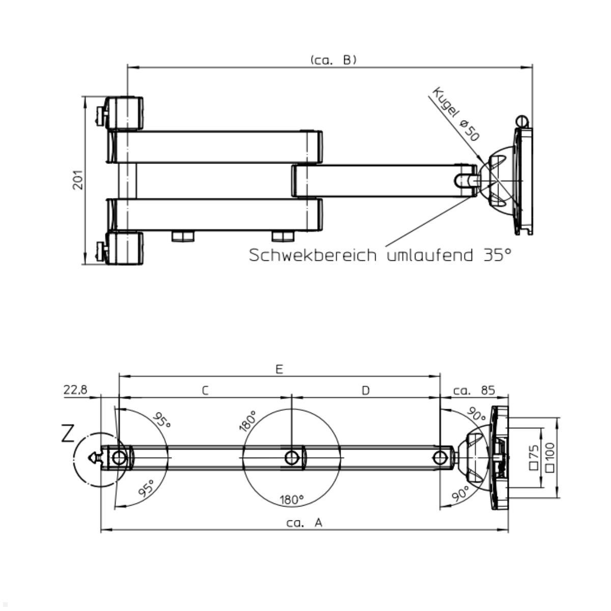Novus TFC Monitorhalter Faltarm 800 mm Zeichnung