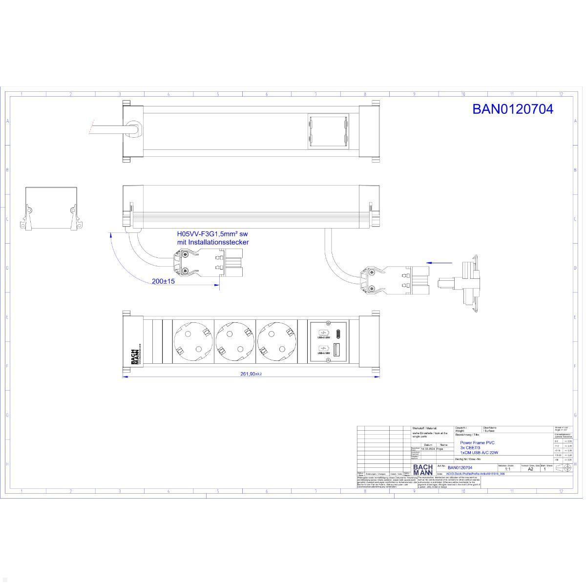 Bachmann Power Frame 4-fach 3x Steckdose 1x USB-Charger A/C, Technische Zeichnung Bachmann Power Frame 4-fach 3x Steckdose 1x USB-Charger A/C, Technische Zeichnung