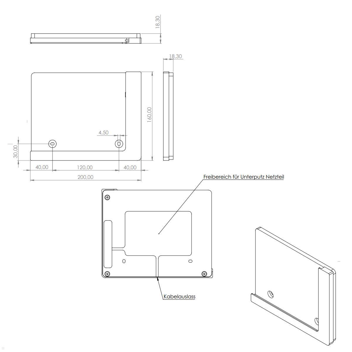 TabLines TWP011S Wandhalterung für iPad Pro 12.9 (5.Gen.) 2021, silber, Zeichnung Maße Rückwand TabLines TWP011S Wandhalterung für iPad Pro 12.9 (5.Gen.) 2021, silber, Zeichnung Maße Rückwand