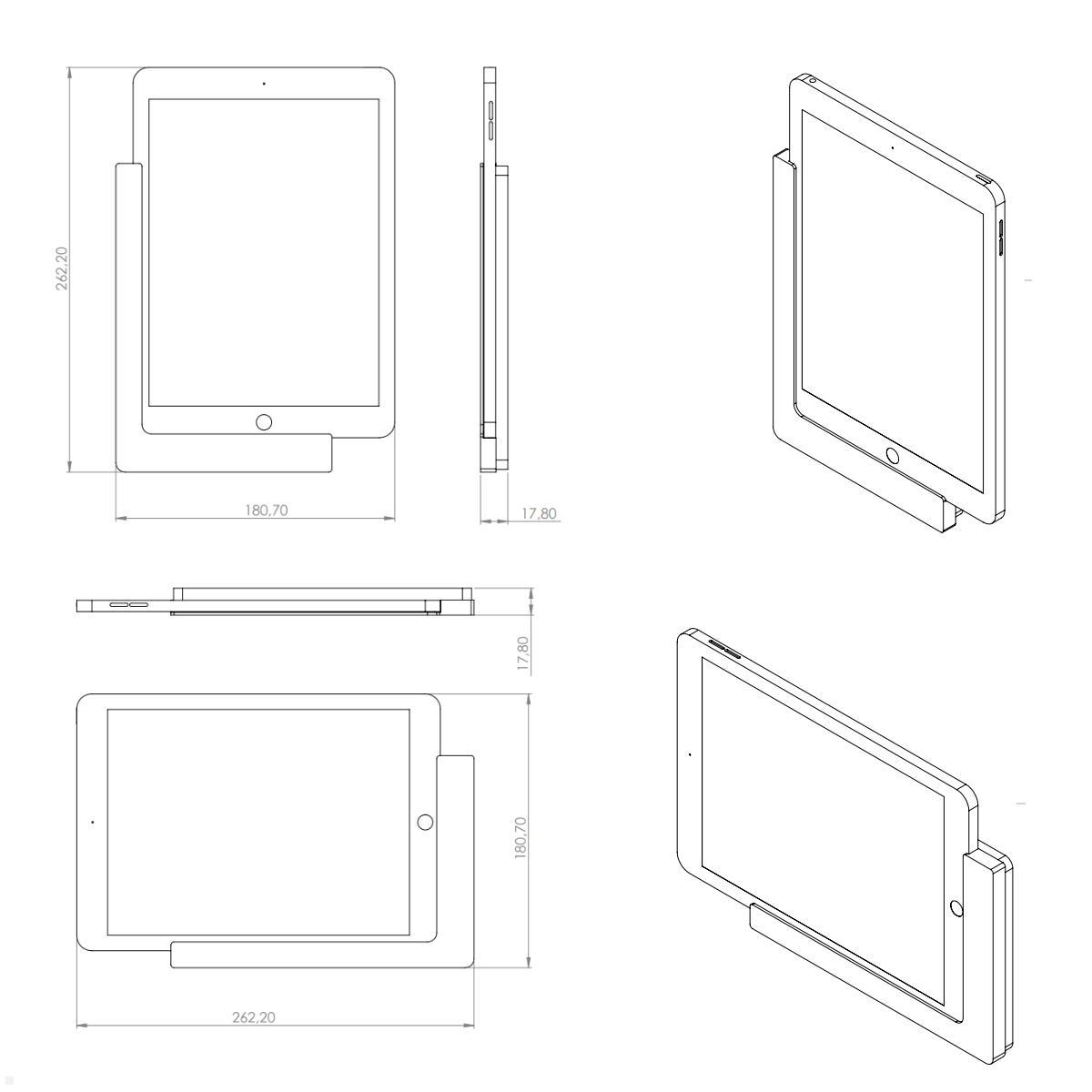 TabLines TWP009W Wandhalterung für Apple Air 2 9.7, weiß, Zeichnung, Maße mit Tablet TabLines TWP009W Wandhalterung für Apple Air 2 9.7, weiß, Zeichnung, Maße mit Tablet