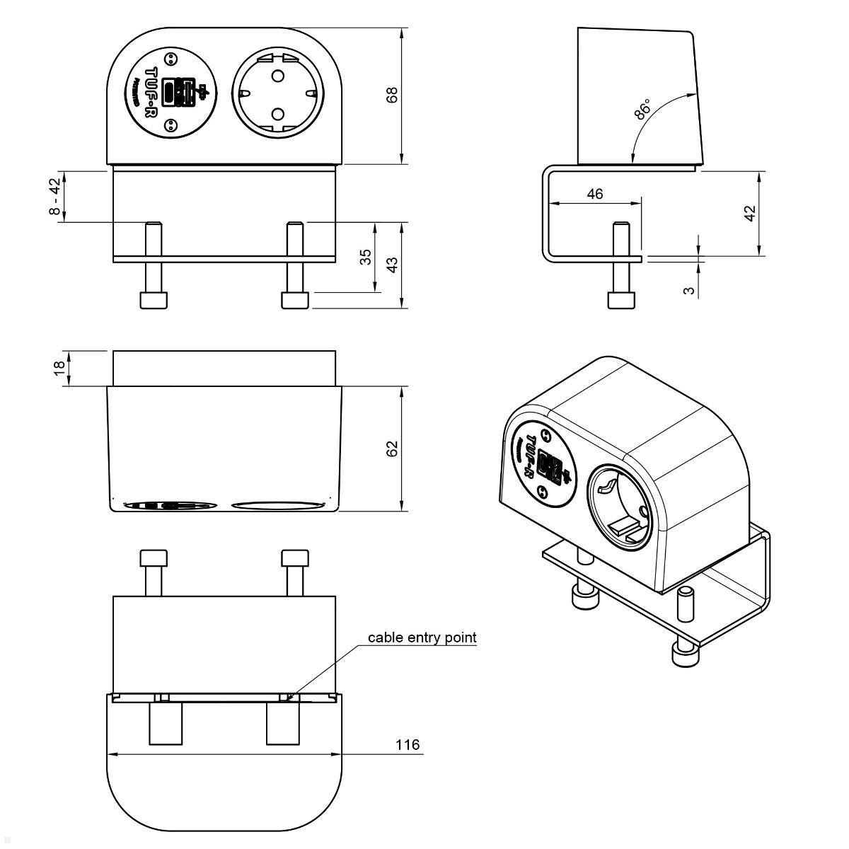 Dataflex Power Phase Tischanschlussfeld 1x Steckdose, 1x USB-A, 1x USB-C (25.203), schwarz Maße Dataflex Power Phase Tischanschlussfeld 1x Steckdose, 1x USB-A, 1x USB-C (25.203), schwarz Maße