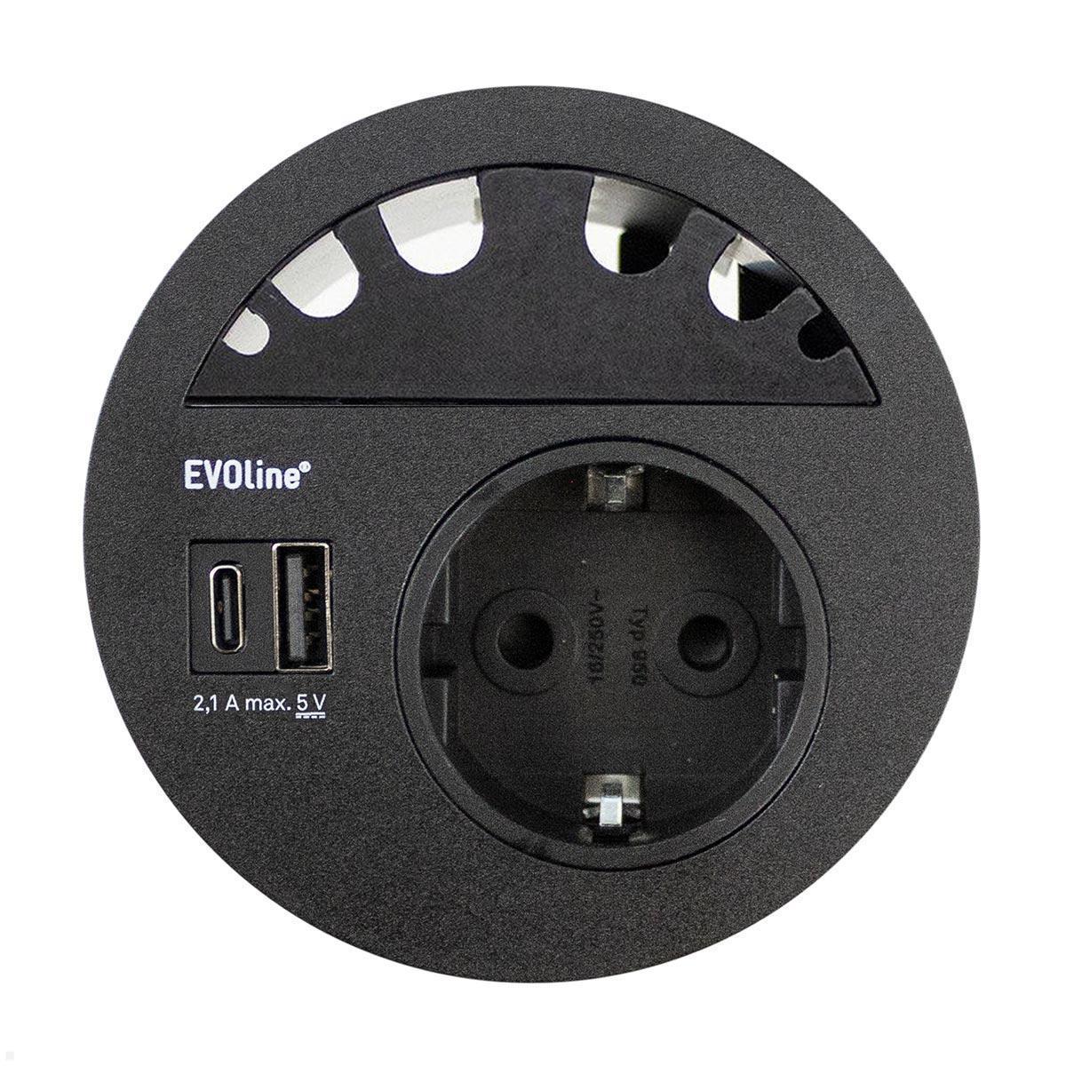 EVOline Circle80 Einbausteckdose mit USB-Doppelcharger A/C, Kabelführung, schwarz EVOline Circle80 Einbausteckdose mit USB-Doppelcharger A/C, Kabelführung, schwarz