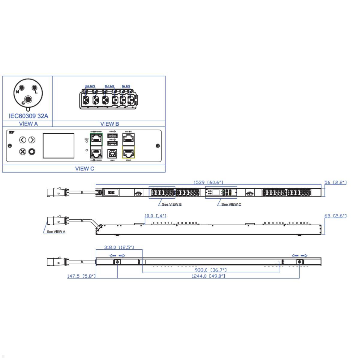 Legrand Raritan iX Rack-PDU 0U 1-phasig 230V 32A, 12xC13 / 12xCX, Input Metered RCM (PX4-1161-E7M27), PDU 32A RCM Differenzstrommessung