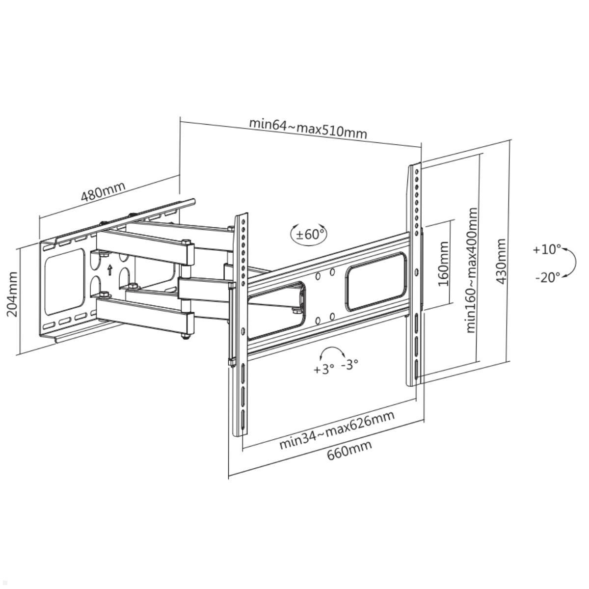 MonLines MWH037B Outdoor TV Wandhalterung 37-86 Zoll, schwenkbar, Maße