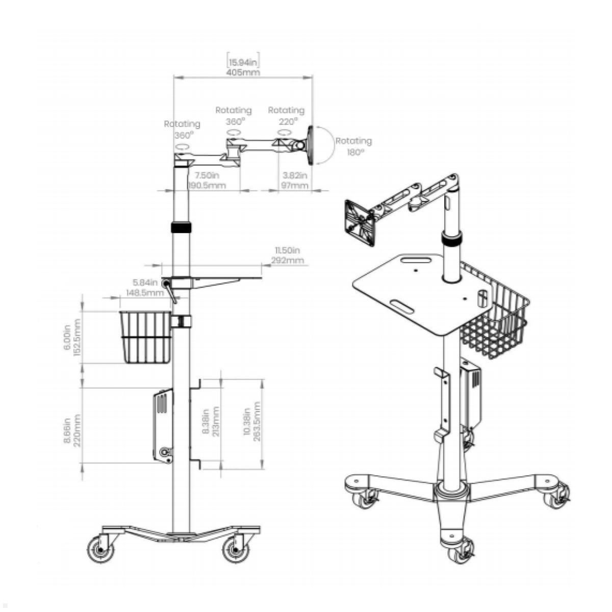 Schwenkarm Monitorwagen Compulocks MCRSTDEXW, weiß, Zeichnung Schwenkarm Monitorwagen Compulocks MCRSTDEXW, weiß, Zeichnung