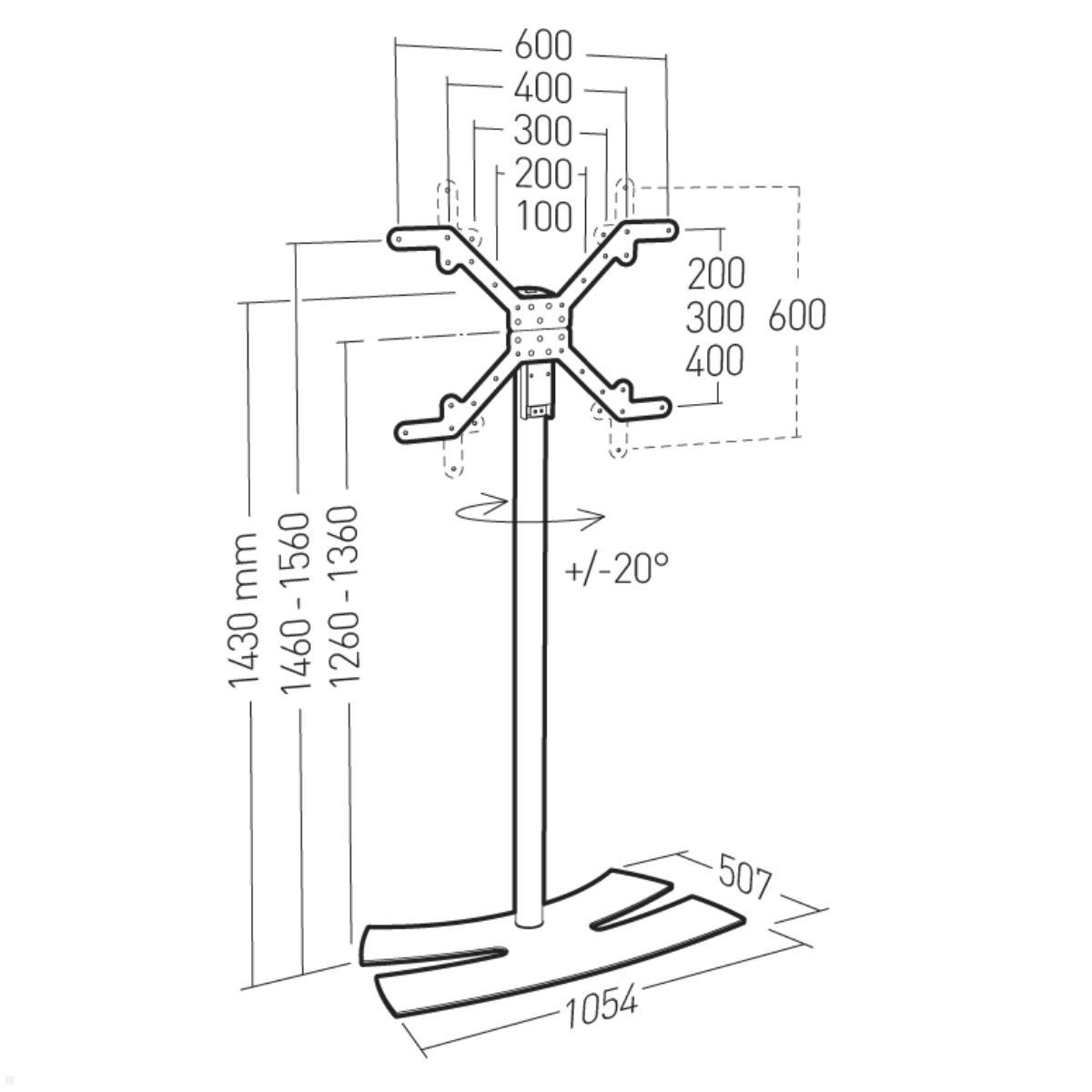 Erard LUX-UP 1400XL Display Ständer 40-85 Zoll, weiß, Technische Zeichnung 1 Erard LUX-UP 1400XL Display Ständer 40-85 Zoll, weiß, Technische Zeichnung 1